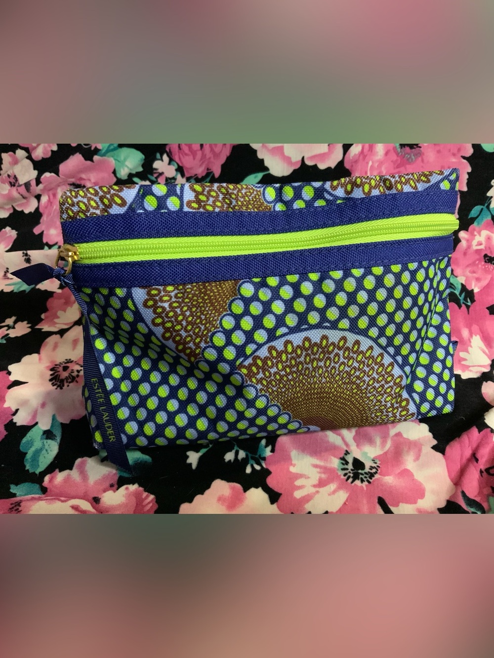 Estee Lauder Blue and Lime Patterned Cosmetic Pouch